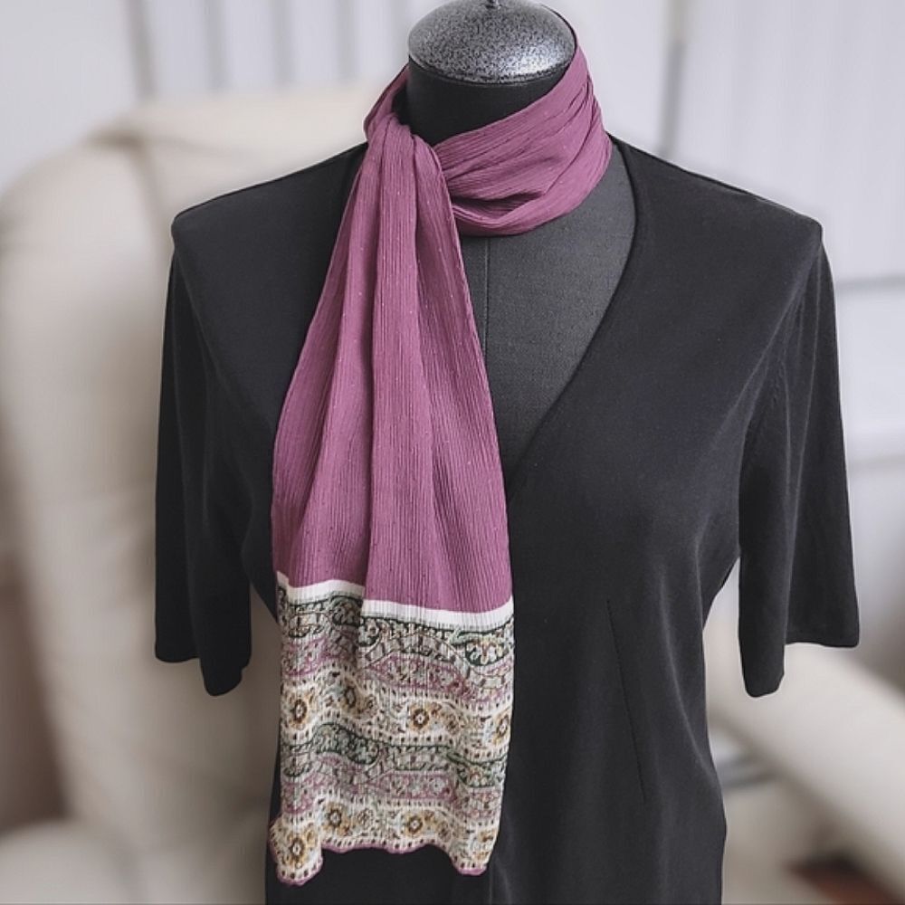 Vtg lilac sheer silk chiffon crepon patterned end slim scarf - Picture 5 of 13